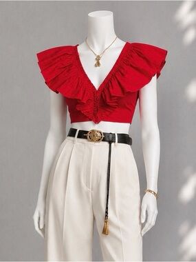 Iorane Coquette Red Ruffled Crop Top and White Shorts Set